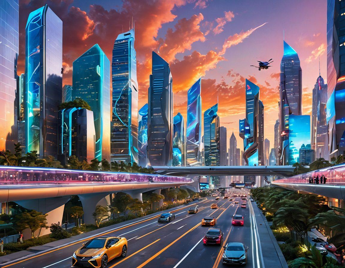 An artistic representation of a futuristic cityscape bustling with advanced technologies like flying cars, holographic advertisements, and robots interacting with people. The skyline features sleek, modern buildings with greenery integrated into the architecture. A vibrant sunset casts dynamic colors across the sky, emphasizing innovation and progress. Include diverse individuals using various technologies, showcasing the human element in this cutting-edge environment. super-realistic. vibrant colors. futuristic architecture.
