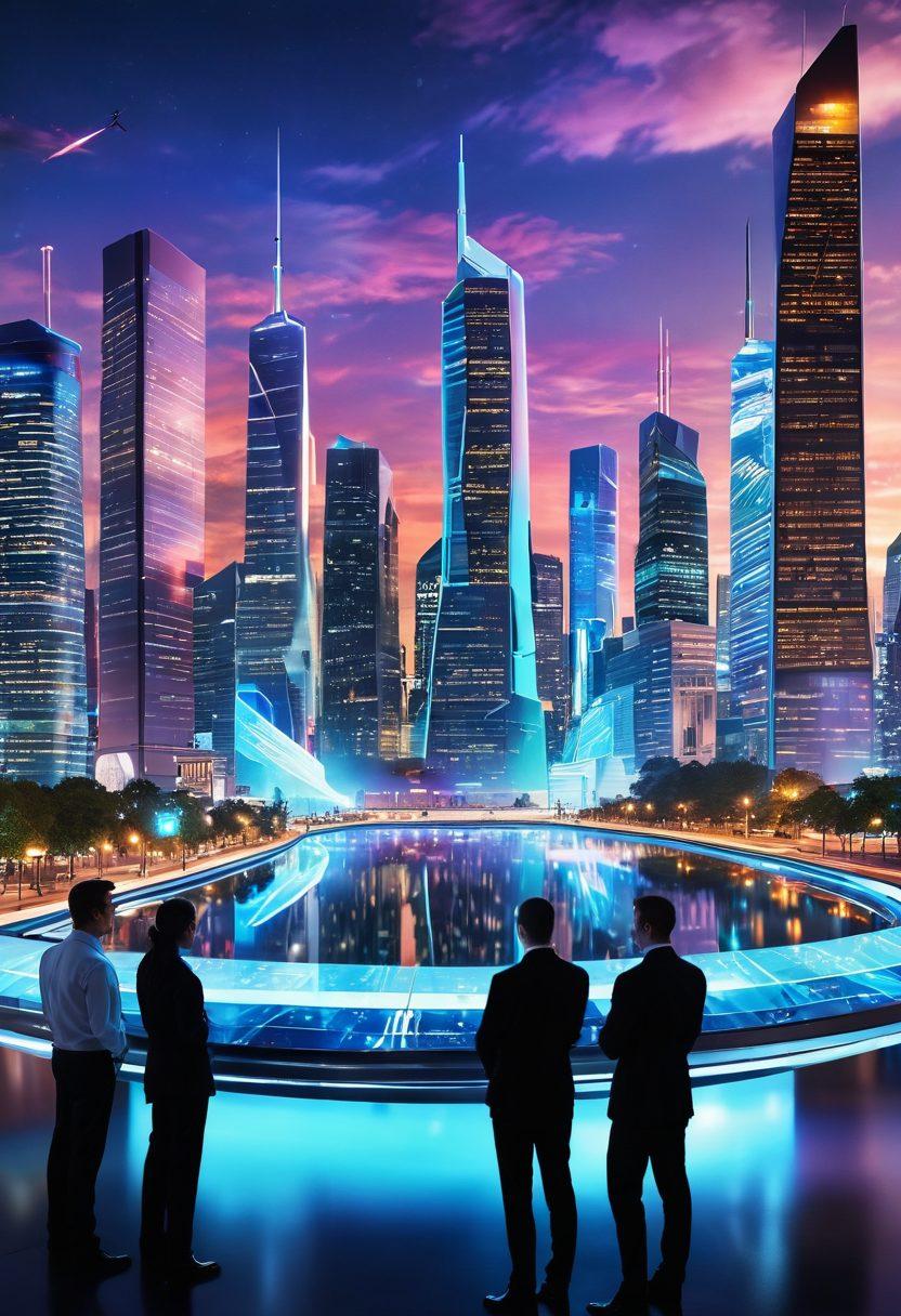 A dynamic illustration of a futuristic city skyline filled with sleek, innovative buildings and advanced technology. In the foreground, diverse professionals collaborate around a holographic display showcasing groundbreaking inventions. The scene bustles with energy, symbolizing progress and the spirit of innovation at the forefront of industry. Use a modern, vibrant color palette to reflect a sense of hope and possibility. super-realistic. vibrant colors. 3D.