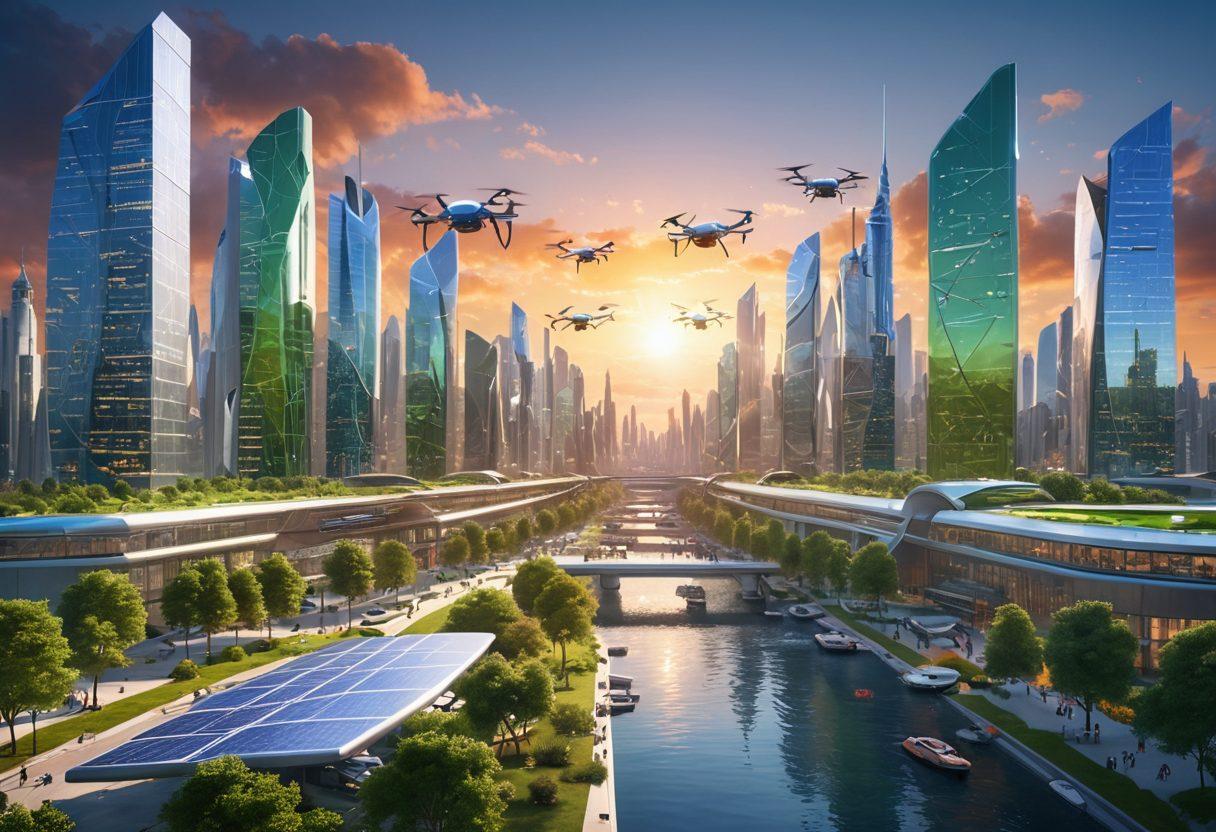 A futuristic city skyline brimming with advanced technology, featuring drones, solar panels, and green architecture. In the foreground, a diverse group of innovators collaborates over digital blueprints, symbolizing diversity and teamwork in innovation. The atmosphere is filled with vibrant light, showcasing a sense of hope and progress. super-realistic. vibrant colors. 3D.